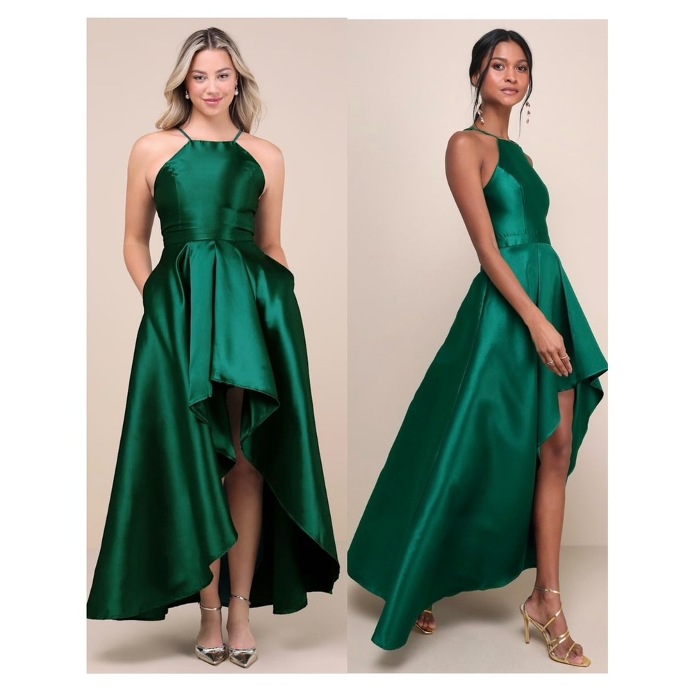 NWT LULUS Emerald Taffeta Halter Square Neck Princesscore Formal Ball Gown M